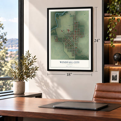 Windfall City, Indiana map, 18 x 24 inch print in a black frame in a home office