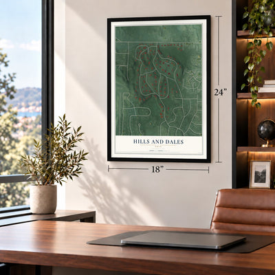 Hills and Dales, Ohio map, 18 x 24 inch print in a black frame in a home office