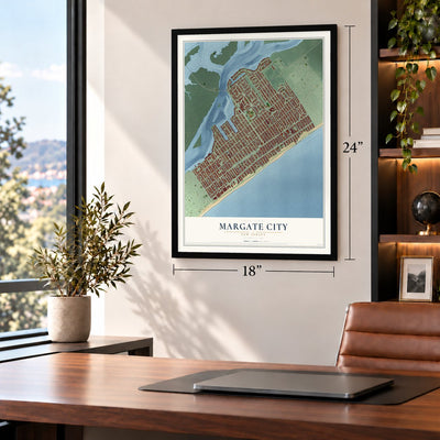 Margate City, New Jersey map, 18 x 24 inch print in a black frame in a home office