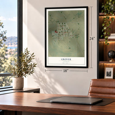 Grover, Colorado map, 18 x 24 inch print in a black frame in a home office