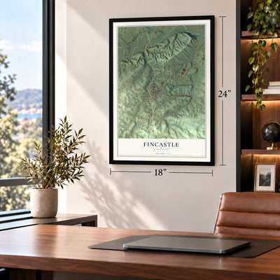 Fincastle, Virginia map, 18 x 24 inch print in a black frame in a home office
