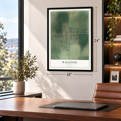 Waggoner, Illinois map, 18 x 24 inch print in a black frame in a home office