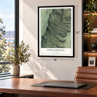 Jemez Springs, New Mexico map, 18 x 24 inch print in a black frame in a home office
