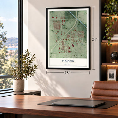 Dixmoor, Illinois map, 18 x 24 inch print in a black frame in a home office