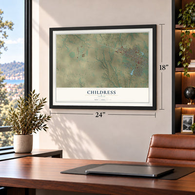 Childress, Texas map, 18 x 24 inch print in a black frame in a home office