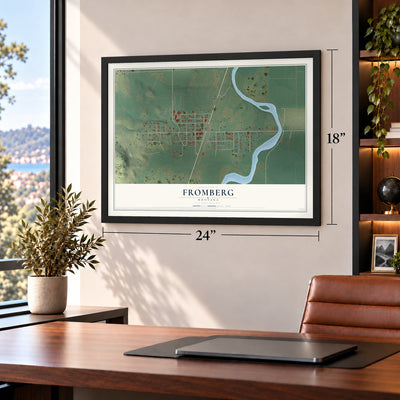 Fromberg, Montana map, 18 x 24 inch print in a black frame in a home office
