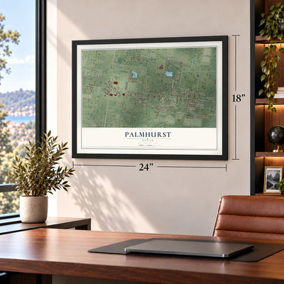 Palmhurst, Texas map, 18 x 24 inch print in a black frame in a home office