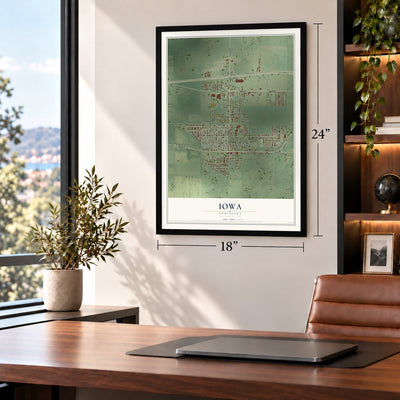 Iowa, Louisiana map, 18 x 24 inch print in a black frame in a home office