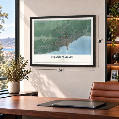 Grand Marais, Minnesota map, 18 x 24 inch print in a black frame in a home office