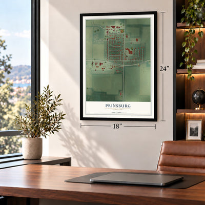 Prinsburg, Minnesota map, 18 x 24 inch print in a black frame in a home office