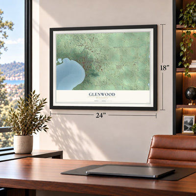 Glenwood, Minnesota map, 18 x 24 inch print in a black frame in a home office