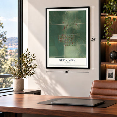 New Minden, Illinois map, 18 x 24 inch print in a black frame in a home office