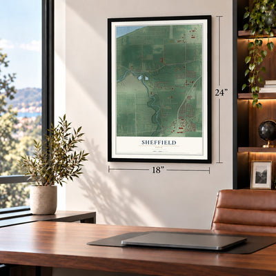 Sheffield, Ohio map, 18 x 24 inch print in a black frame in a home office