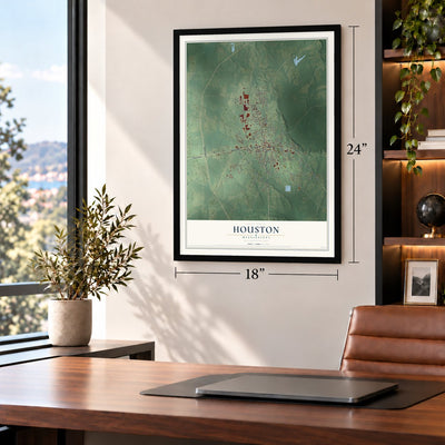 Houston, Mississippi map, 18 x 24 inch print in a black frame in a home office