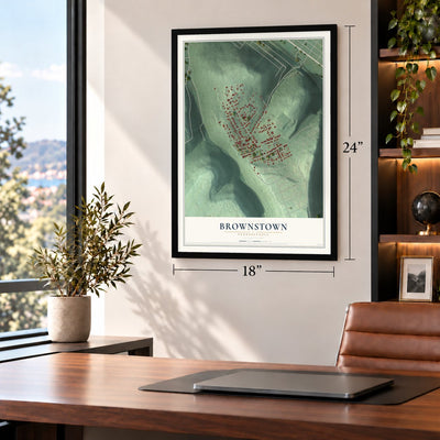 Brownstown, Pennsylvania map, 18 x 24 inch print in a black frame in a home office