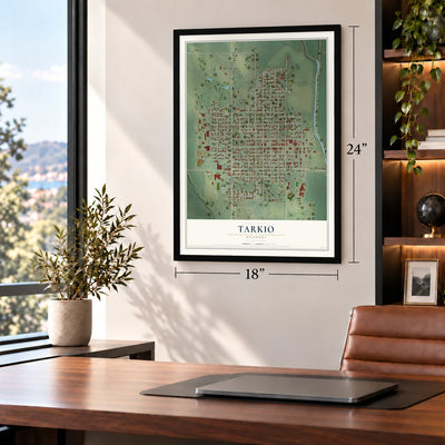 Tarkio, Missouri map, 18 x 24 inch print in a black frame in a home office