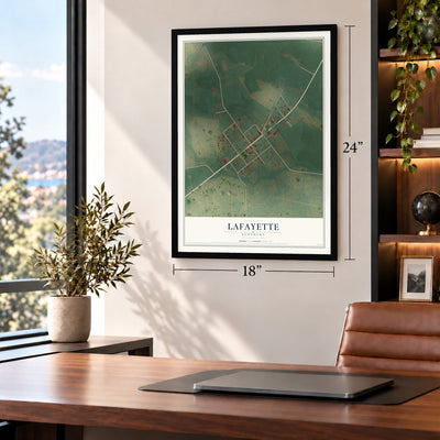 LaFayette, Kentucky map, 18 x 24 inch print in a black frame in a home office