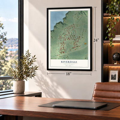Riverdale, North Dakota map, 18 x 24 inch print in a black frame in a home office