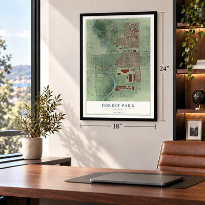 Forest Park, Illinois map, 18 x 24 inch print in a black frame in a home office