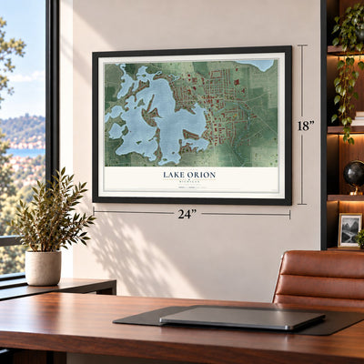 Lake Orion, Michigan map, 18 x 24 inch print in a black frame in a home office