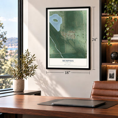 Memphis, Nebraska map, 18 x 24 inch print in a black frame in a home office