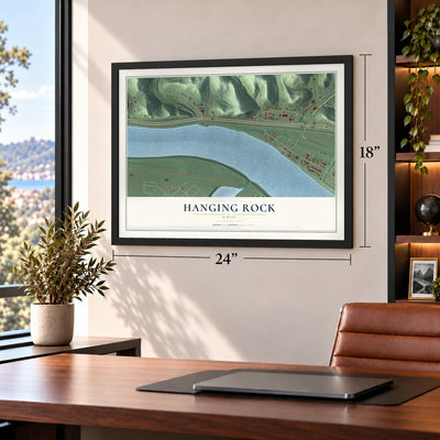 Hanging Rock, Ohio map, 18 x 24 inch print in a black frame in a home office