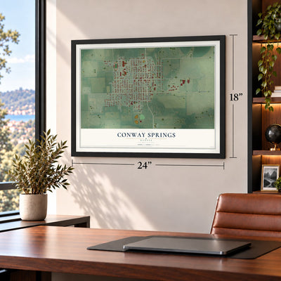 Conway Springs, Kansas map, 18 x 24 inch print in a black frame in a home office