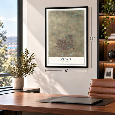 Clovis, New Mexico map, 18 x 24 inch print in a black frame in a home office