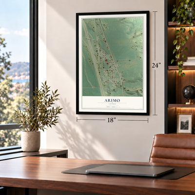 Arimo, Idaho map, 18 x 24 inch print in a black frame in a home office