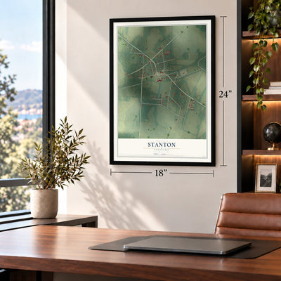 Stanton, Tennessee map, 18 x 24 inch print in a black frame in a home office