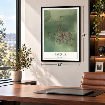 Sadorus, Illinois map, 18 x 24 inch print in a black frame in a home office