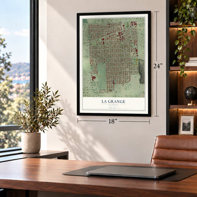 La Grange, Illinois map, 18 x 24 inch print in a black frame in a home office