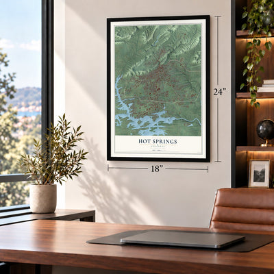 Hot Springs, Arkansas map, 18 x 24 inch print in a black frame in a home office