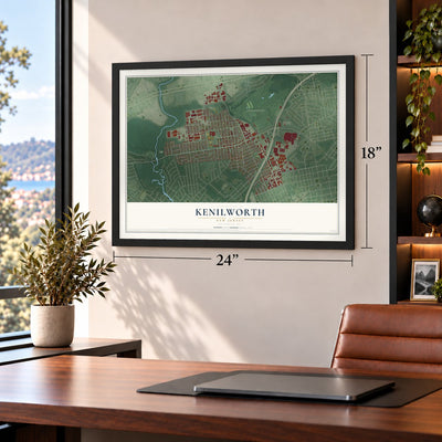 Kenilworth, New Jersey map, 18 x 24 inch print in a black frame in a home office