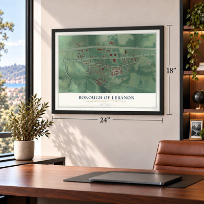 Borough of Lebanon, Hunterdon County, New Jersey map, 18 x 24 inch print in a black frame in a home office