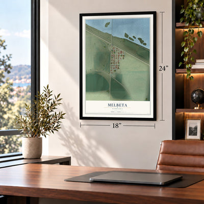 Melbeta, Nebraska map, 18 x 24 inch print in a black frame in a home office