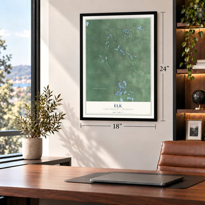 Elk, Lake County, Michigan map, 18 x 24 inch print in a black frame in a home office