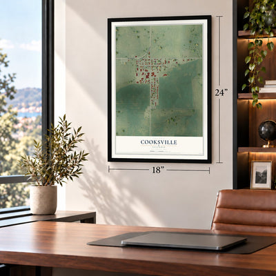 Cooksville, Illinois map, 18 x 24 inch print in a black frame in a home office