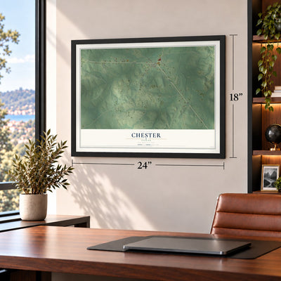 Chester, Texas map, 18 x 24 inch print in a black frame in a home office