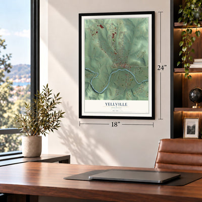 Yellville, Arkansas map, 18 x 24 inch print in a black frame in a home office