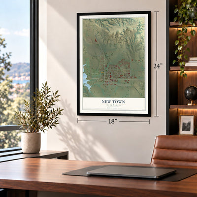 New Town, North Dakota map, 18 x 24 inch print in a black frame in a home office