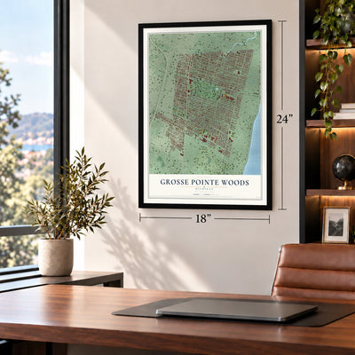 Grosse Pointe Woods, Michigan map, 18 x 24 inch print in a black frame in a home office