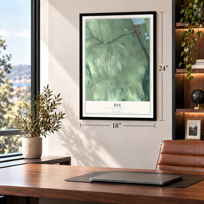 Dix, New York map, 18 x 24 inch print in a black frame in a home office
