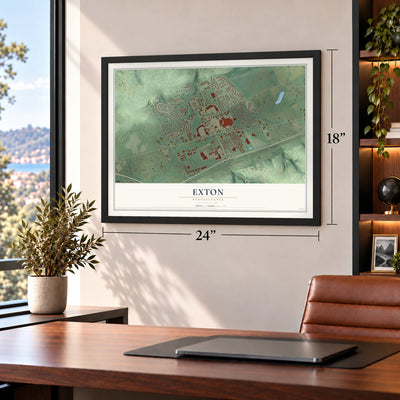 Exton, Pennsylvania map, 18 x 24 inch print in a black frame in a home office