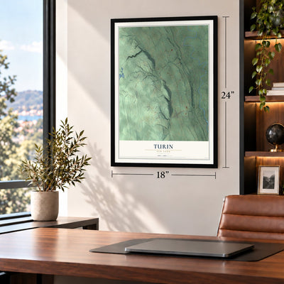 Turin, New York map, 18 x 24 inch print in a black frame in a home office