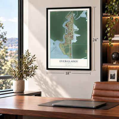 Everglades, Florida map, 18 x 24 inch print in a black frame in a home office