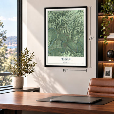 Pegram, Tennessee map, 18 x 24 inch print in a black frame in a home office