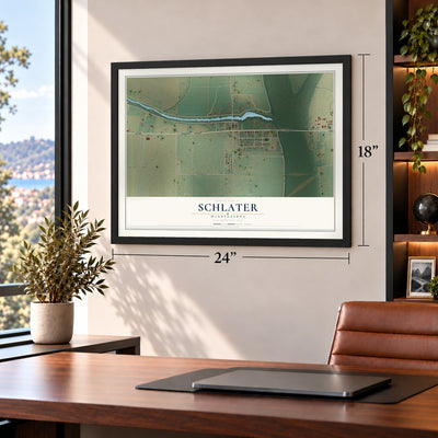 Schlater, Mississippi map, 18 x 24 inch print in a black frame in a home office