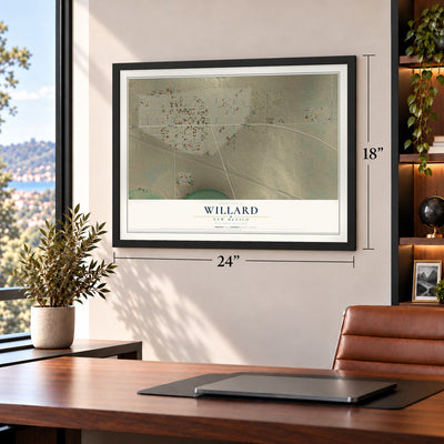 Willard, New Mexico map, 18 x 24 inch print in a black frame in a home office