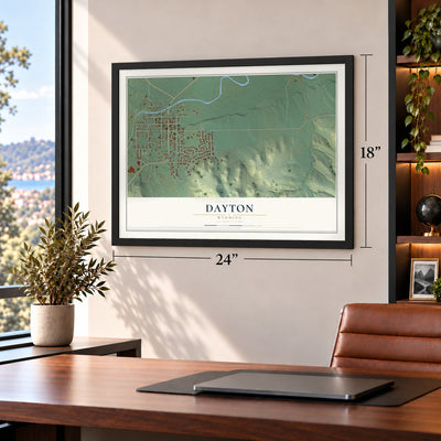 Dayton, Wyoming map, 18 x 24 inch print in a black frame in a home office